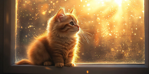 cute cat. A small orange kitten sits on a windowsill looking out at the warm golden light of the sun.