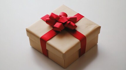 Fototapeta premium A simple gift box wrapped in neutral paper with a red bow, on a plain white surface 