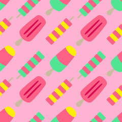 Tasty sorbet ice cream flat cartoon seamless pattern on bright background. Vector illustration. Sweet sticker for street food, confectionery, bar, restaurants, snacks.	
