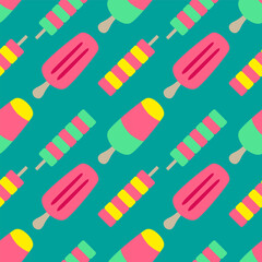 Tasty sorbet ice cream flat cartoon seamless pattern on bright background. Vector illustration. Sweet sticker for street food, confectionery, bar, restaurants, snacks.