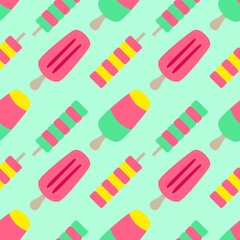 Tasty sorbet ice cream flat cartoon seamless pattern on bright background. Vector illustration. Sweet sticker for street food, confectionery, bar, restaurants, snacks.