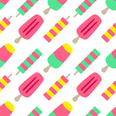 Tasty sweet ice cream flat cartoon seamless pattern on white background. Vector illustration. Sweet sticker for street food, confectionery, bar, restaurants, snacks.