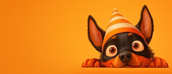 Sweet Candy Corn Canine Adorable Cartoon banner Dog in Candy Corn Costume with Striped Hat Smiling Happily Isolated Background for Text Space