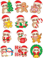 Cute sloth christmas version. Funny baby sloth animal series christmas illustration.
