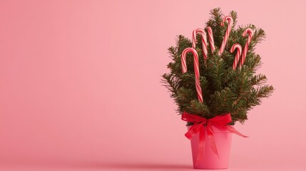 A small Christmas tree decorated with candy canes and ribbon only, against a white background