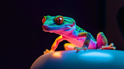 A colorful gecko basking under a heat lamp
