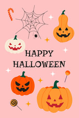 A Halloween themed poster with a spider web and pumpkins. The poster says "Happy Halloween" and features a variety of Halloween themed images