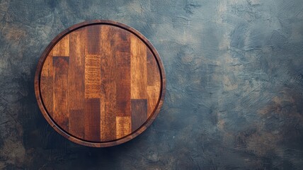 Wooden round cutting board on a textured background.