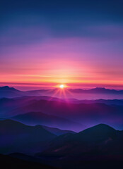 Naklejka premium A breathtaking sunrise or sunset over a mountain range with the sun shining through the clouds, creating a beautiful gold afterglow in the sky. 