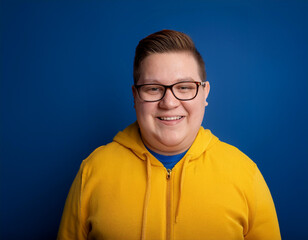 Fototapeta premium Portrait of Young Handsome Man Happily Smiling Against Blue Studio Background