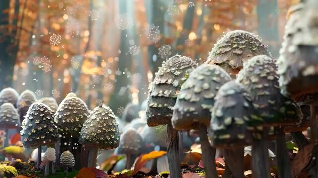 Shaggy ink cap mushrooms in autumn forest, Video