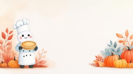 Ghost chef holding a pie, autumn harvest scene, warm colors, cozy atmosphere, watercolor