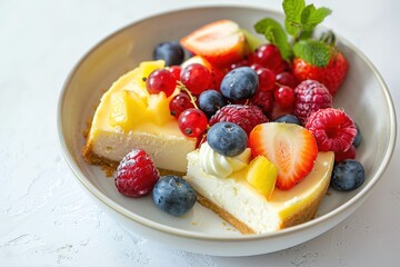 Cheesecake topped with fresh berries and mint on light backdrop