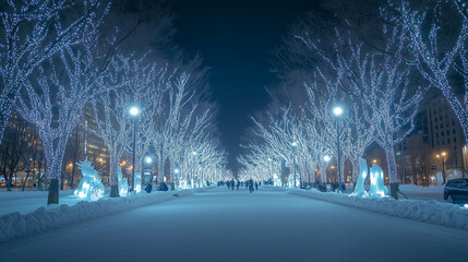 Night view of Sapporo White Illumination in Odori Park, rows of trees filled with white lights, with ice sculptures and illuminated art installations around the park, Ai generated images