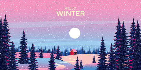 Winter season landscape with pine trees in the first plan and house on the edge of the forest under the snow in the background. Trendy handmade drawing vector illustration.