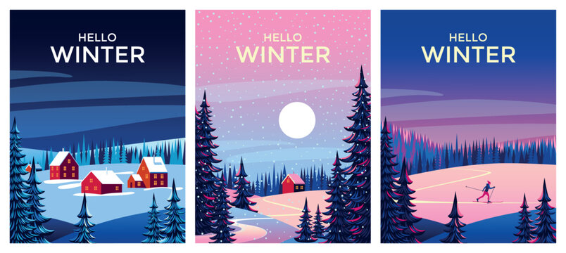 Vector Set of 3 winter season landscapes. Pine trees in the first plan and village and forest under the snow in the background. Handmade drawing vector illustration.