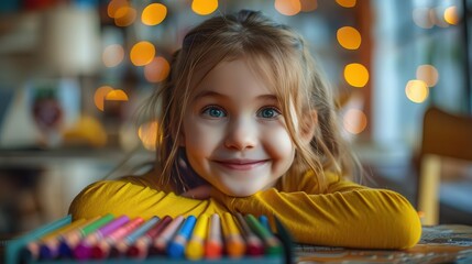 Fototapeta premium Child with a box of crayons, coloring in a picture book