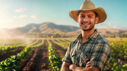 Fototapeta premium AI-Generated Image of Happy Young Farmer Working on Farm Field