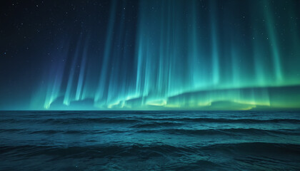 Naklejka premium A breathtaking display of the aurora borealis over the ocean, perfect for travel, nature photography, and seasonal decor.
