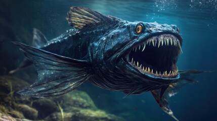 Obraz premium Terrifying Deep-Sea Predator Fish with Sharp Teeth and Menacing Open Mouth Underwater