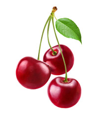 Cherry with stem and leaf isolated on white background. Clipping path.