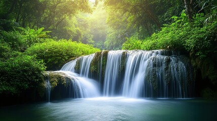 Obraz premium Serene waterfall cascading into a tranquil pool surrounded by lush greenery in a tranquil forest setting