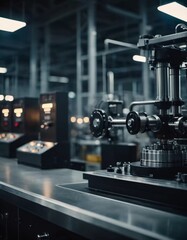 Fototapeta premium Precision milling machines are active in state-of-the-art manufacturing plant, working on components with high efficiency and accuracy. Modern factory workshop for continuous production. Generated AI