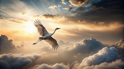 Fototapeta premium Monochrome Aerial Illustration of a Flying Crane in the Sky for Nature and Wildlife Themes