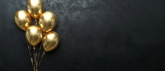 Elegant horizontal banner with gold balloons against a black wall background - perfect for celebrations, event decor, and festive themes