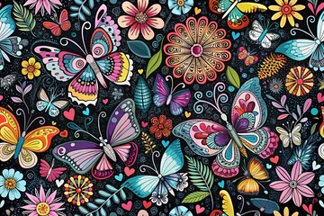 Fototapeta premium Monochrome Spring Pattern with Butterflies, Flowers, and Hearts in Doodle Style for Seamless Background Design