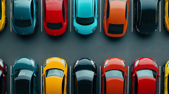 Aerial shot of a crowded parking lot, colorful cars creating a mosaiclike pattern