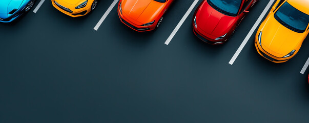 Aerial image of a busy parking lot, bright colorful cars forming a striking geometric arrangement