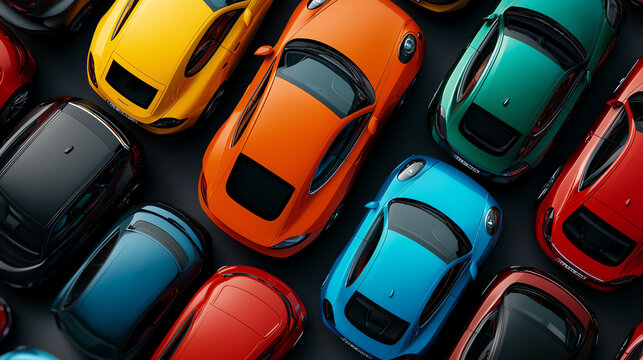 Aerial shot of a crowded parking lot, a patchwork of colorful cars neatly arranged
