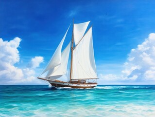 Fototapeta premium A serene painting of a classic sailboat gliding through turquoise waters under a bright blue sky with fluffy clouds.
