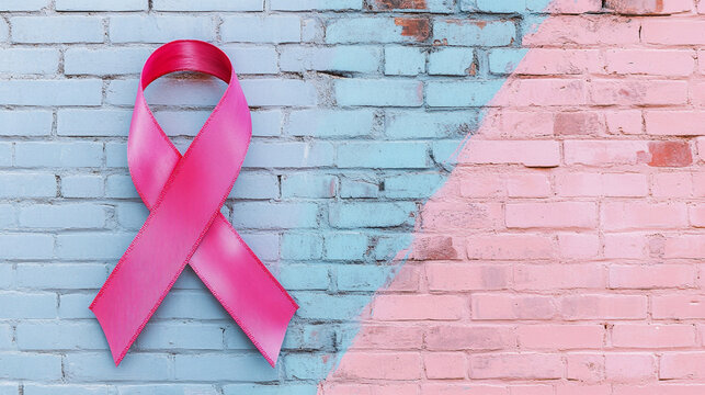 Pink Ribbon on Blue and Pink Brick Wall   Breast Cancer Awareness Symbol