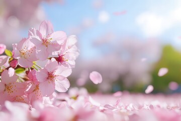 A serene scene of pink cherry blossoms in full bloom, with petals gently falling, creating a picturesque spring atmosphere.