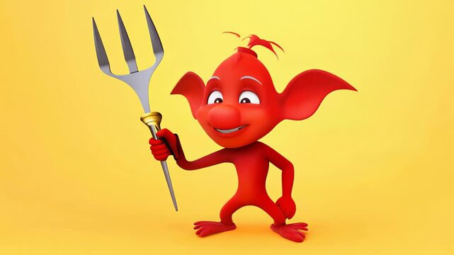 playful red cartoon character holding a large pitchfork, standing confidently against a bright yellow background