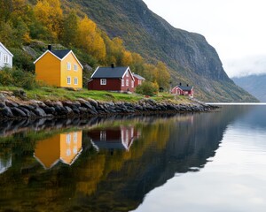 Fototapeta premium Colorful houses by a serene fjord, with vibrant reflections on the water, surrounded by autumn foliage and majestic mountains.