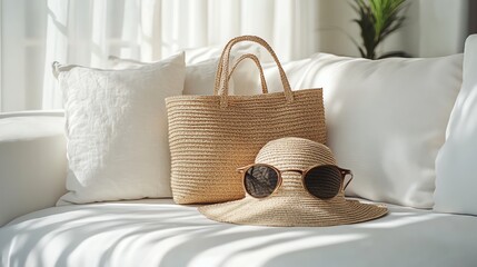 Fototapeta premium Stylish handbag and sunhat on a cozy couch, bright and inviting atmosphere.