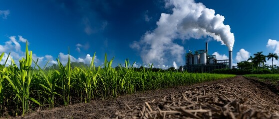 Sugarcane field with factory in background