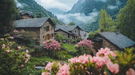 Charming stone village nestled in the mountains with vibrant flowers during golden hour at sunset