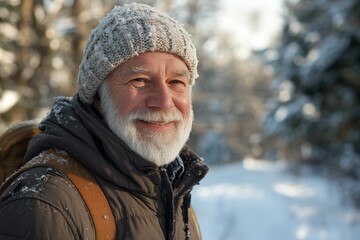 Happy retired walking outdoors on winter day, Generative AI