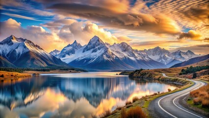 Obraz premium A winding road leads towards a majestic mountain range reflected in a serene lake at sunrise.