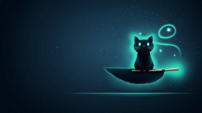 Witch s black cat sitting on a broomstick, neon green magic swirling around, dark starry night sky, vibrant Halloween vibes