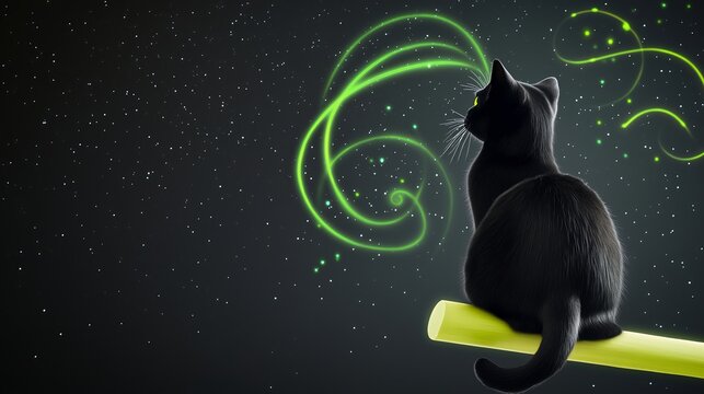 Witch s black cat sitting on a broomstick, neon green magic swirling around, dark starry night sky, vibrant Halloween vibes