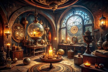 Fototapeta premium Mystical Chamber with Ancient Symbols and Artifacts Beneath a Glowing Dome - Vintage Style Photography