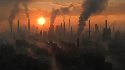 Silhouettes of an industrial city at sunset.