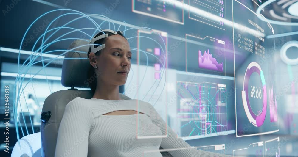 Poster paralyzed woman wearing a neural headset plays a vr game in a futuristic lab with his mind, with hol