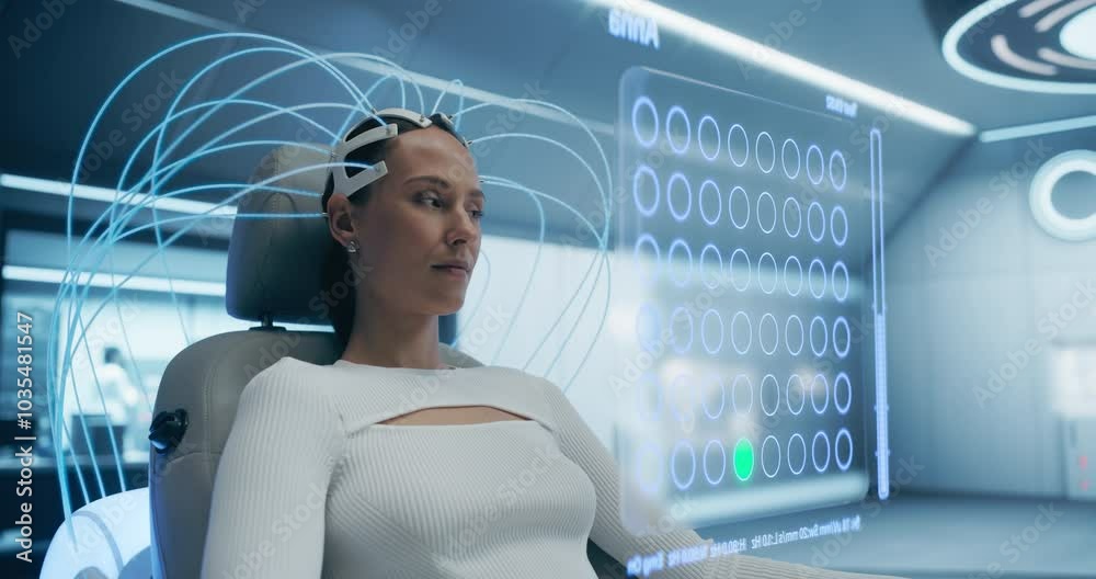 Aufkleber Woman Wearing a Neural Headset Interacts With a Holographic Interface in a Futuristic Lab, Engaging With a Grid-based Digital Display.