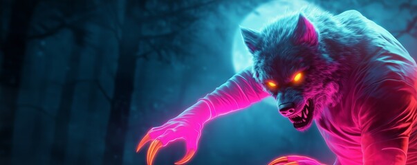 Fototapeta premium Neon werewolf costume with glowing claws, vibrant fur, moonlit forest background, dark and eerie, intense glowing eyes